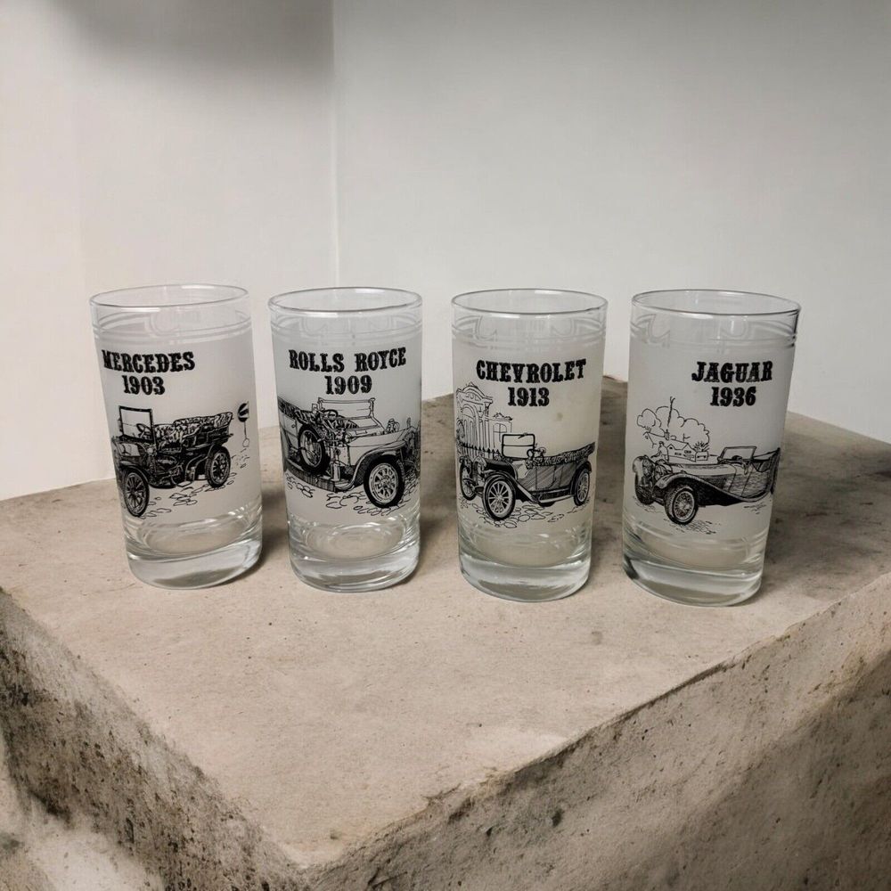 Libbey Vintage Drinking Glasses Antique Cars Set of 4 Pioneer Gas Station Promo